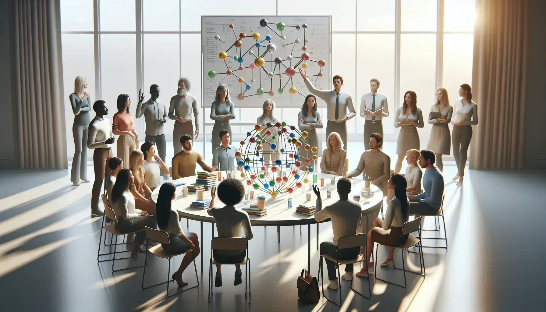 Grupo diverso de personas en animada discusión alrededor de una mesa con libros, un globo y modelos moleculares en una sala iluminada naturalmente.