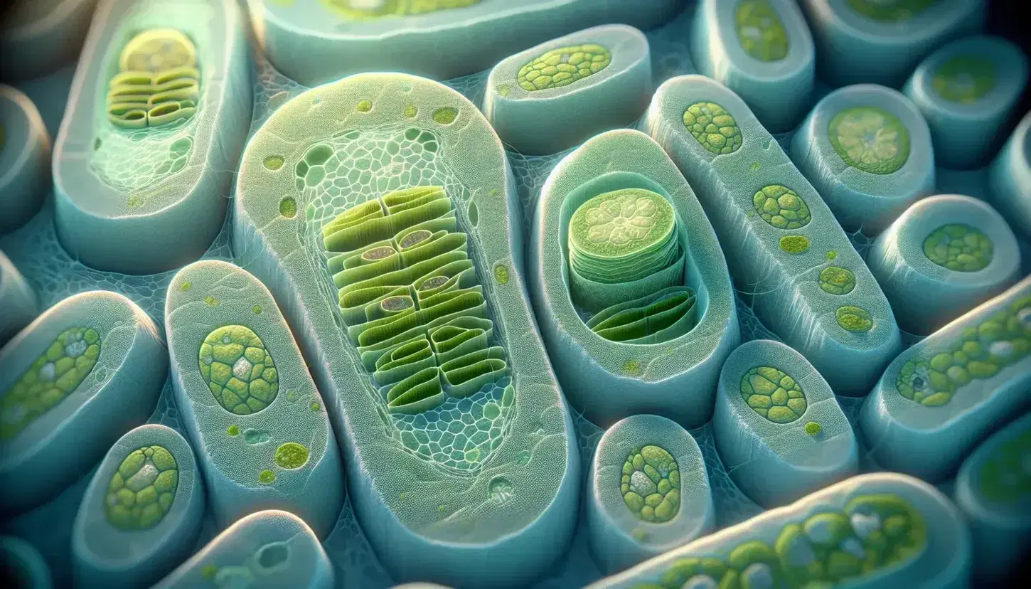 Células vegetales en microscopía mostrando cloroplastos verdes con tilacoides y paredes celulares, sin núcleos visibles, en proceso de fotosíntesis.