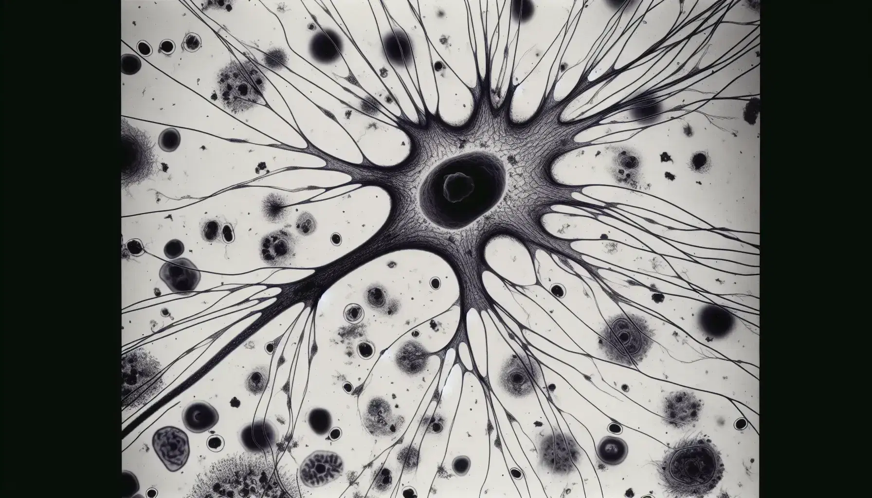 Vista microscópica de tejido nervioso teñido mostrando un neurona central con dendritas y un axón largo, rodeado de células gliales menores en tonos azules y rosas.
