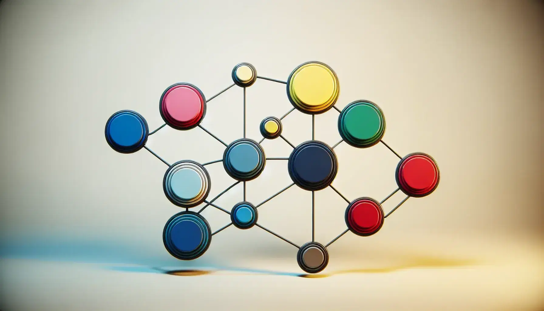 Five sequentially colored circles of red, blue, green, yellow and purple connected by black lines on a light background with light shadows.