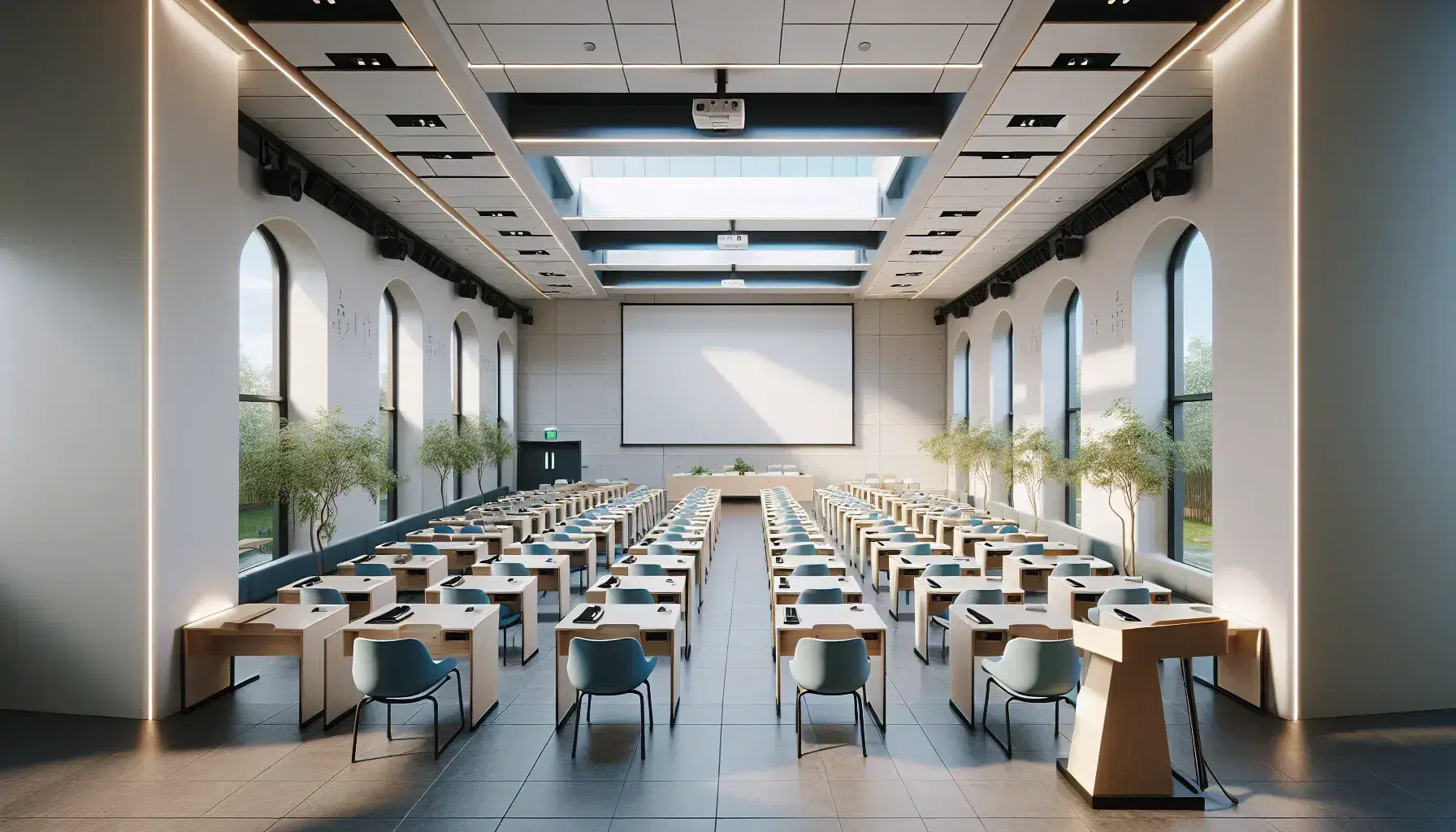 Aula universitaria vuota con banchi chiari in fila, sedie blu, lavagna bianca, podio in legno e finestre con vista su alberi.