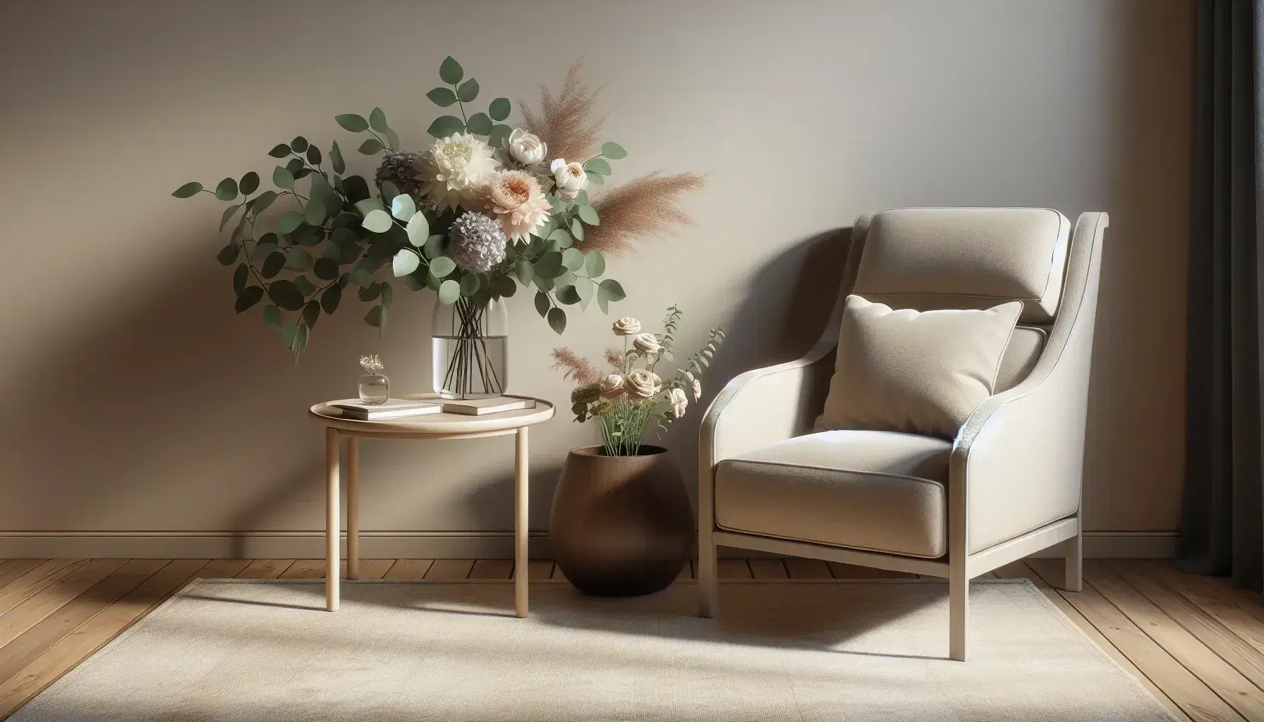 Therapist office with comfortable beige armchair, coffee table with pastel flower vase, green plant and brown leather therapist chair.