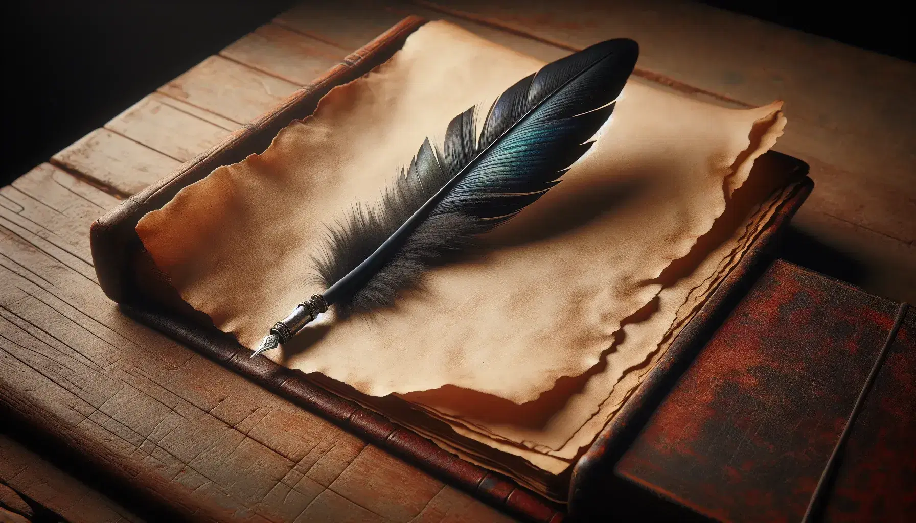 Quill pen with iridescent black feather on blank parchment paper, poised to write, atop an aged wooden desk beside a stack of leather-bound books.
