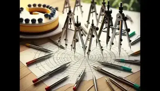 Set di compassi metallici con dettagli colorati che disegnano cerchi su carta bianca, su tavolo in legno con torta al cioccolato parzialmente affettata.