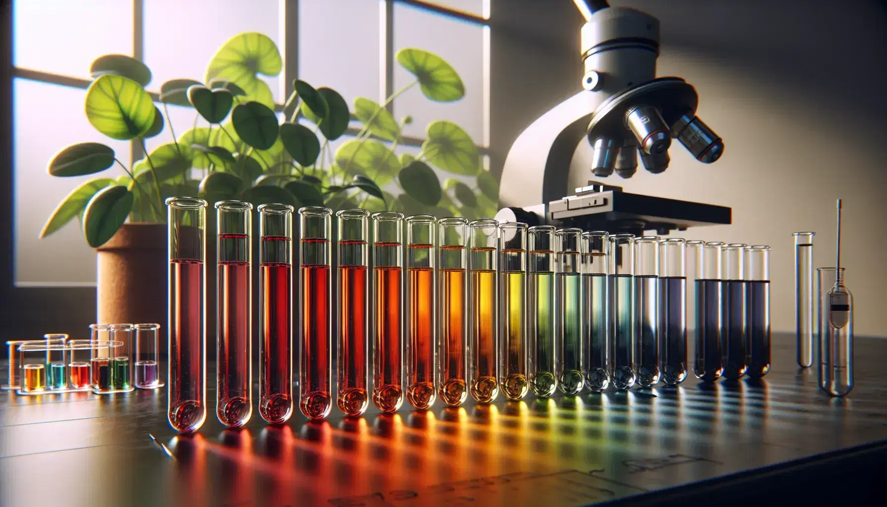Provette in vetro con liquidi colorati da giallo chiaro a rosso scuro su banco laboratorio, microscopio moderno e pianta verde sullo sfondo.
