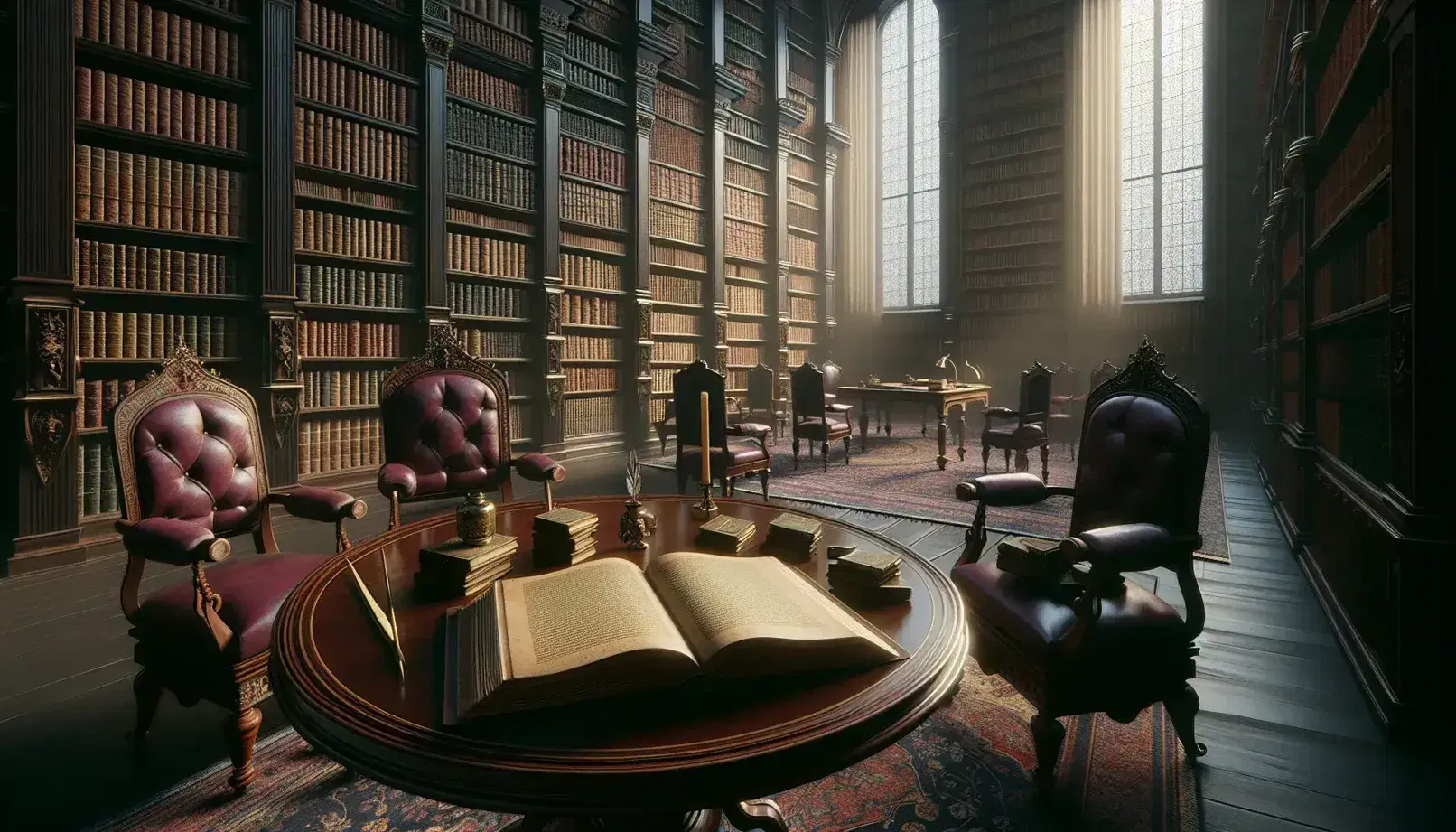 Dimly lit library with a polished wooden table, antique burgundy chairs, a leather-bound book, brass quill pen, inkwell, and towering bookshelves.