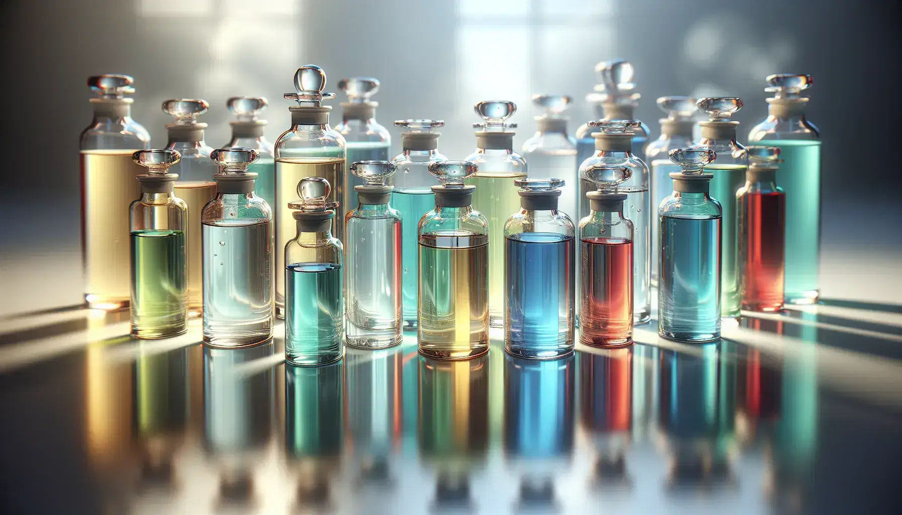 Glass avenues with caps containing pale yellow to deep blue colored liquids on reflective surface with blurred laboratory background.