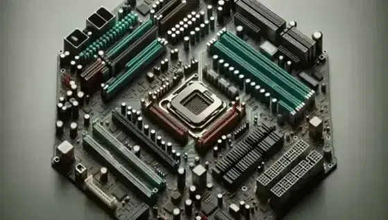 Primer plano de placa base de computadora con zócalo de CPU, condensadores, ranuras de memoria RAM y puertos de expansión, destacando su compleja circuitería.