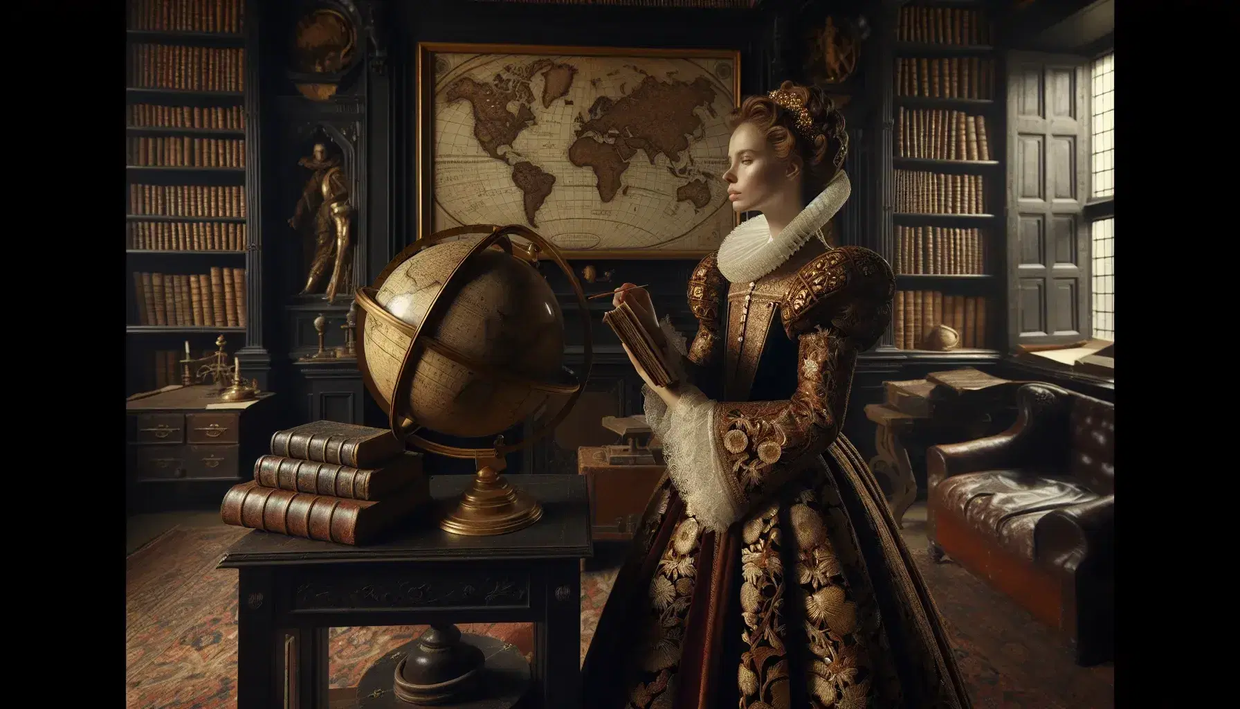 Donna in costume elisabettiano con libro e globo su piedistallo, astrolabe e bussola su tavolo, in interni d'epoca.