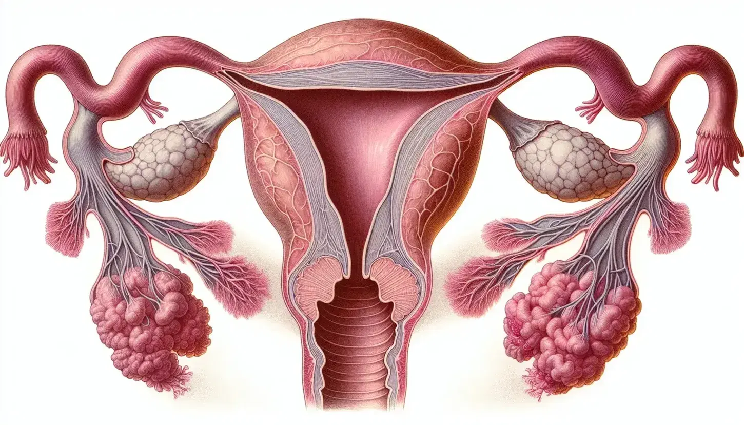 Ilustración detallada del sistema reproductor femenino con útero, trompas de Falopio, fimbrias, ovarios y vagina en tonos de rosa y texturas suaves.