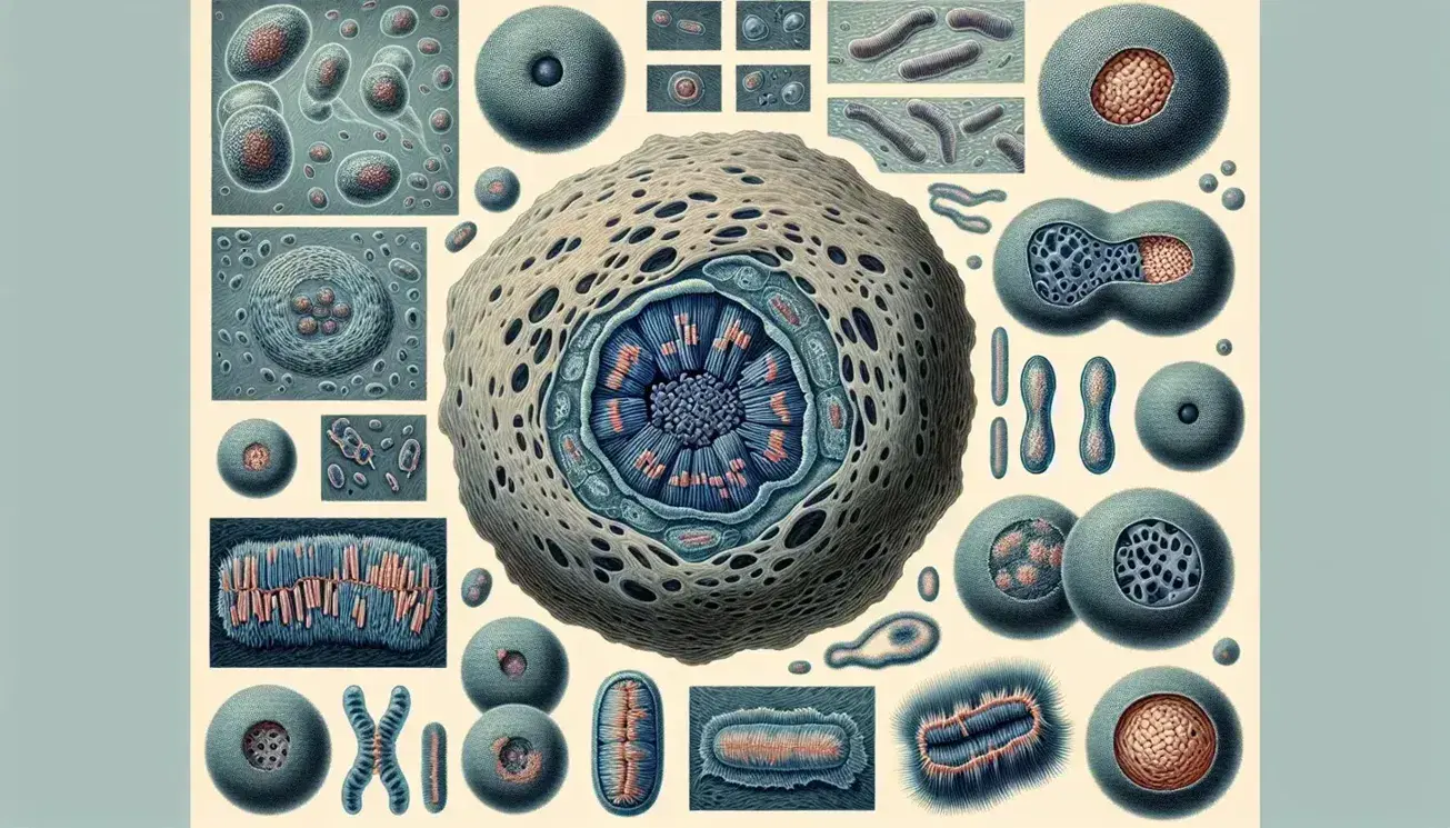 Cellule in varie fasi del ciclo cellulare al microscopio, con cromosomi in evidenza, citoplasma grigio e mitocondri rossi.