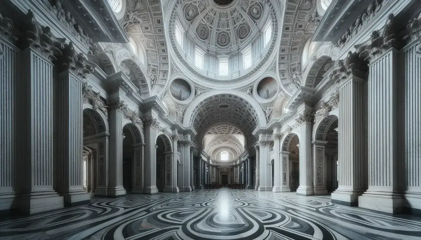 Interno della Chiesa di San Carlo alle Quattro Fontane a Roma, con colonne corinzie, volta affrescata e altare principale.
