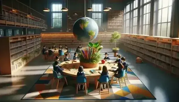Biblioteca scolastica con tavolo rotondo, sedie blu, mappamondo, pianta verde e studenti in uniforme che leggono un libro.