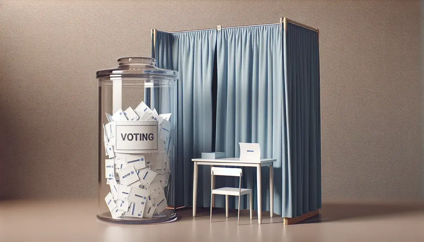 Urna de votación transparente con papeletas blancas y cabina electoral con cortina azul oscuro para privacidad sobre mesa con mantel azul claro.