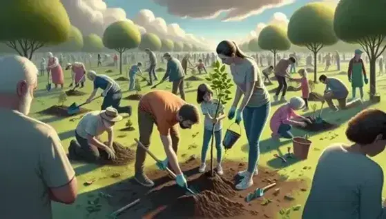 Gruppo multietnico pianta alberi in area verde, adulto e bambino collaborano nel posizionamento di un giovane albero, altri membri della comunità lavorano sullo sfondo.