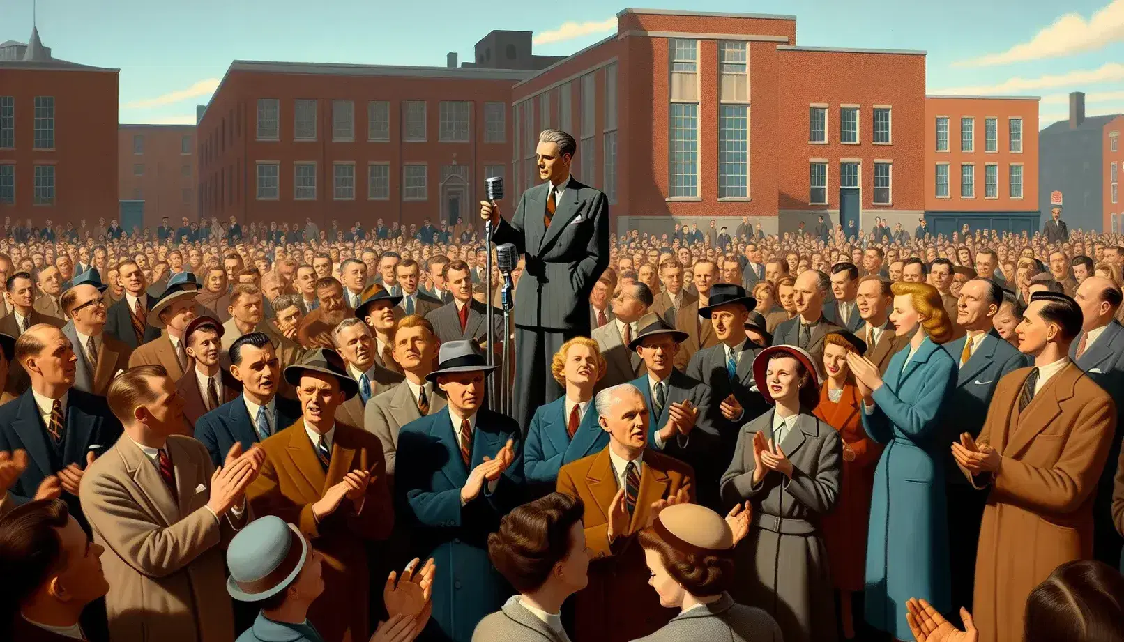 1950s-60s gathering with elegantly dressed men and women listening to a speaker in a dark suit by a large red brick building under a clear blue sky.