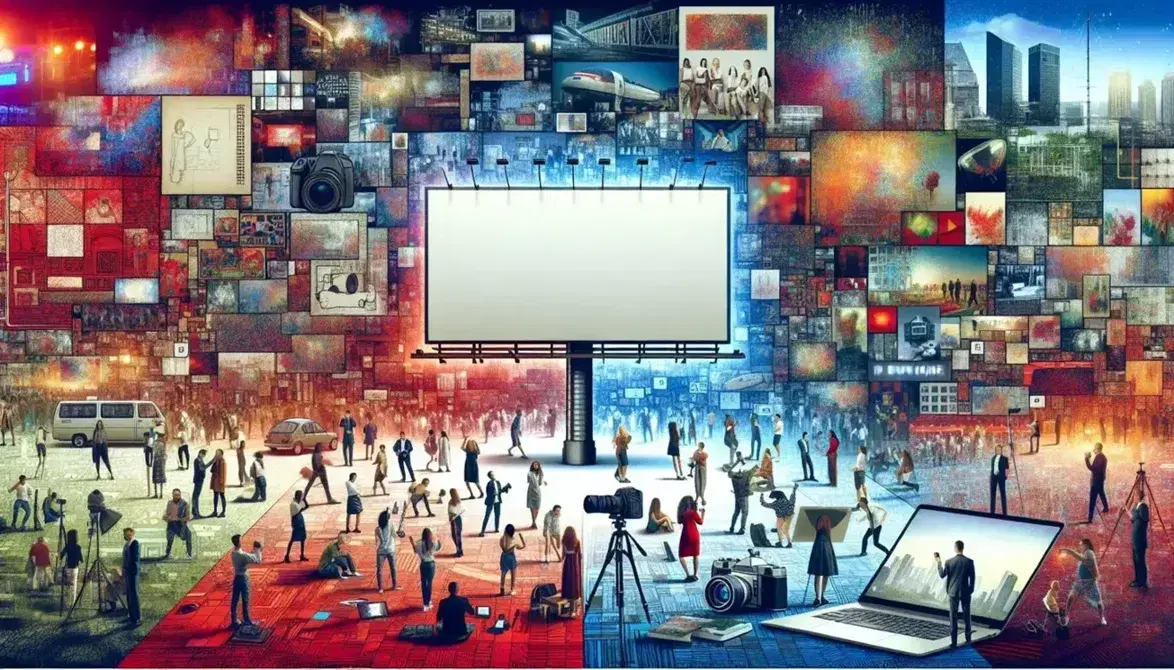 Collage publicitario con valla en blanco rodeada de personas diversas, cámara profesional y laptop con paleta de colores en entorno urbano difuminado.