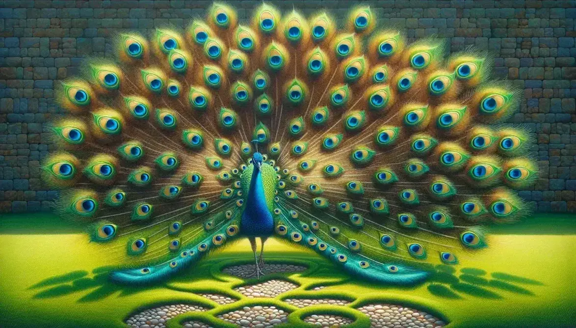 Peacock displaying vibrant tail feathers with iridescent blues, greens, and golds on lush grass, sunlight enhancing the plumage's shimmer.