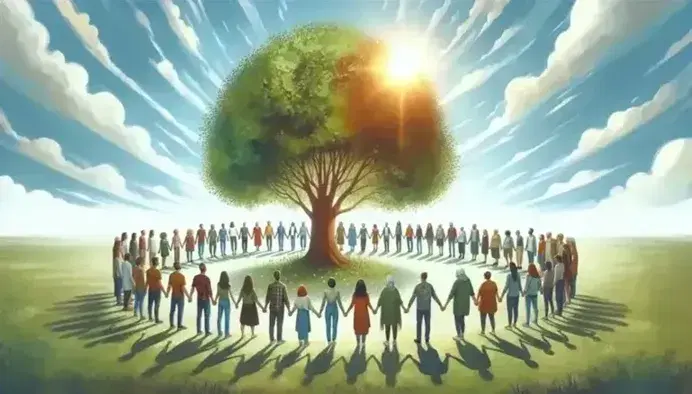 Grupo diverso de personas de distintas edades y etnias tomadas de las manos en círculo alrededor de un árbol frondoso, bajo un cielo azul con nubes dispersas.