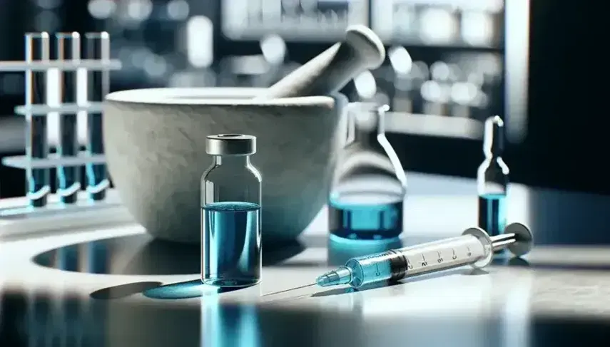 Close-up of a laboratory bench with sealed blue liquid vial, metal syringe, mortar with powder and transparent flask.