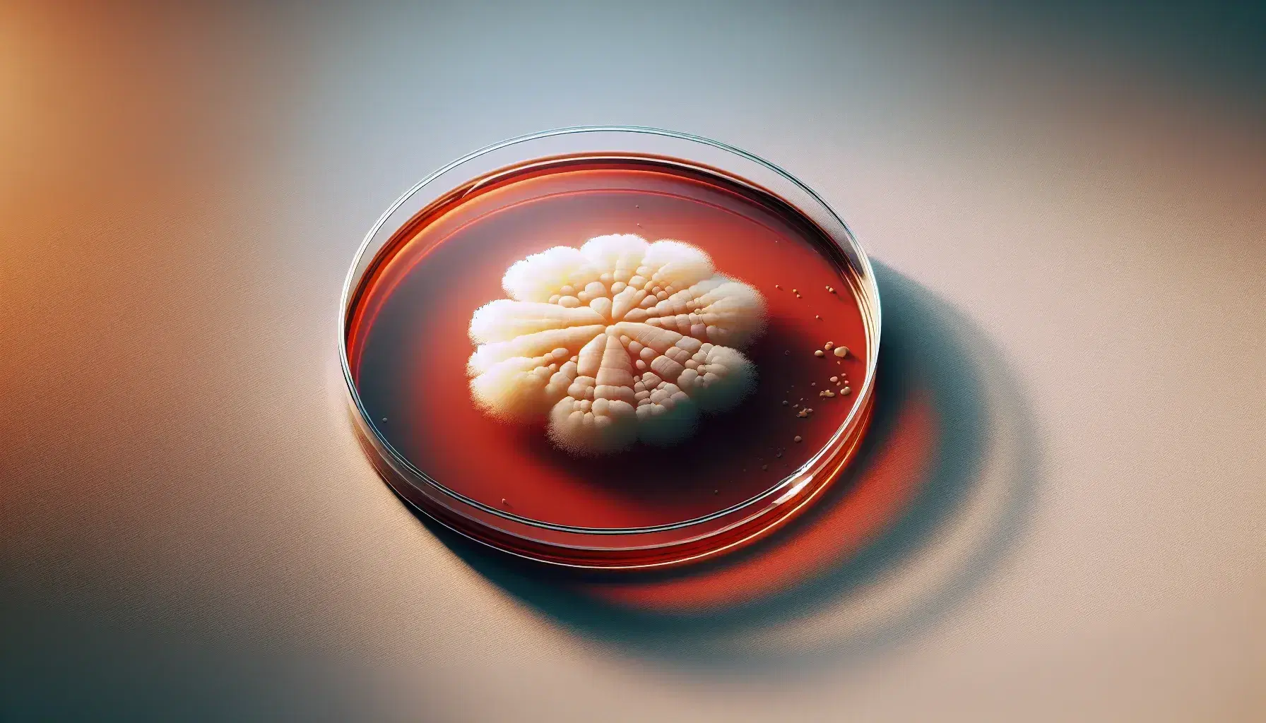 Colonia bacteriana blanca cremosa en medio de cultivo rojizo con halo de inhibición en placa de Petri transparente sobre superficie de laboratorio.