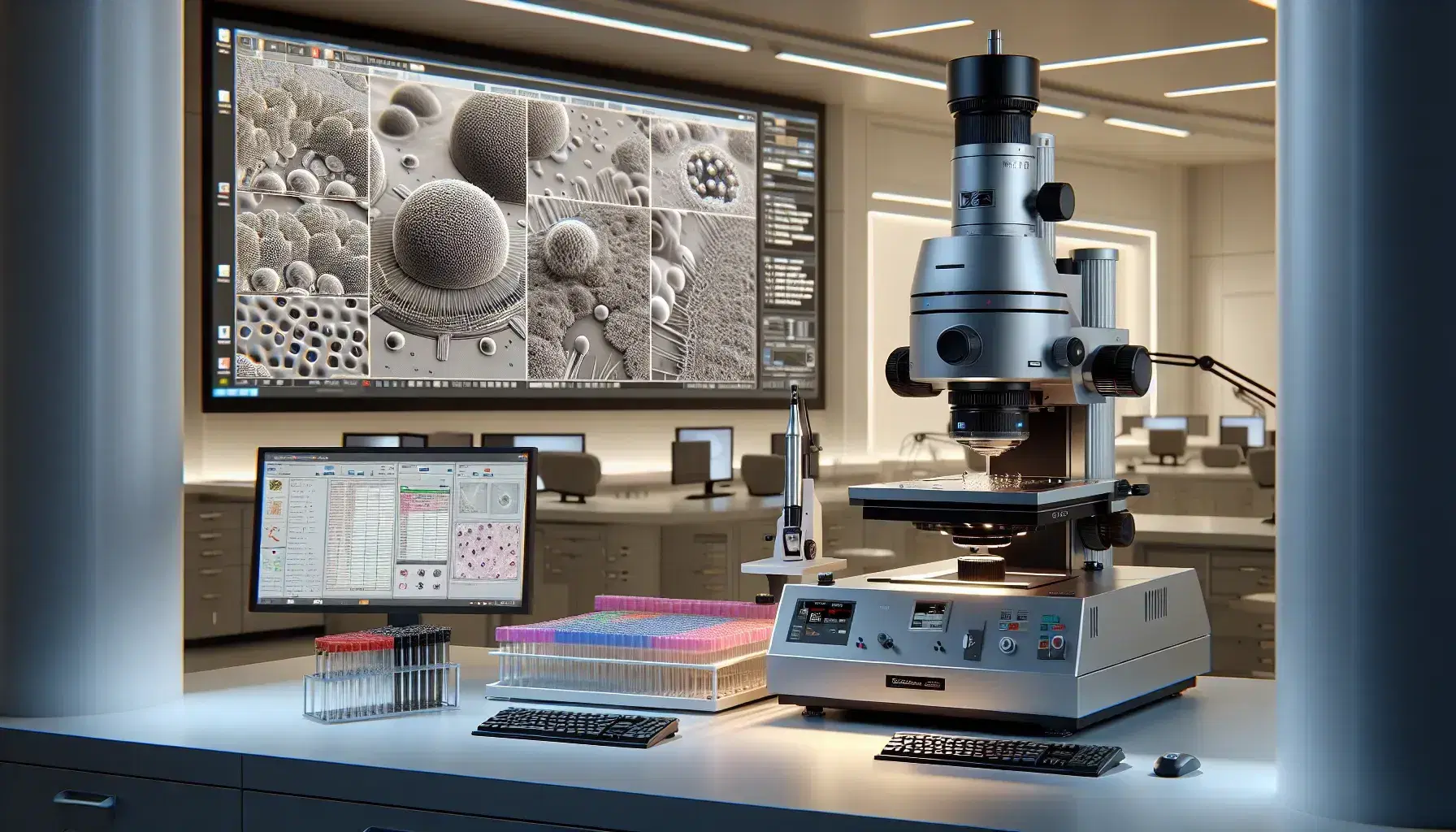 Microscopio elettronico a trasmissione avanzato in laboratorio biologico con provette, pipetta automatica e monitor con immagini cellulari ingrandite.