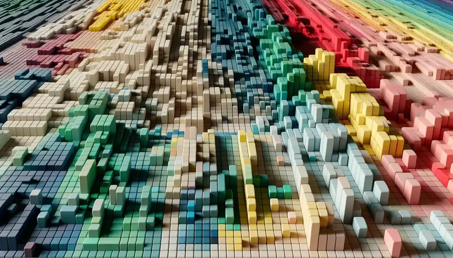 Bloques tridimensionales en colores variados y tamaños decrecientes organizados en matriz sobre superficie lisa.