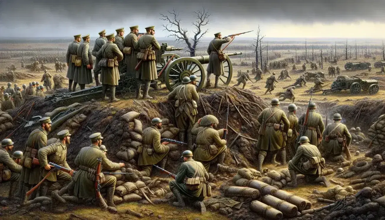 Early 20th-century Balkan Wars battlefield scene with soldiers in khaki uniforms, rifles with bayonets, field artillery, and a hazy dawn or dusk sky.