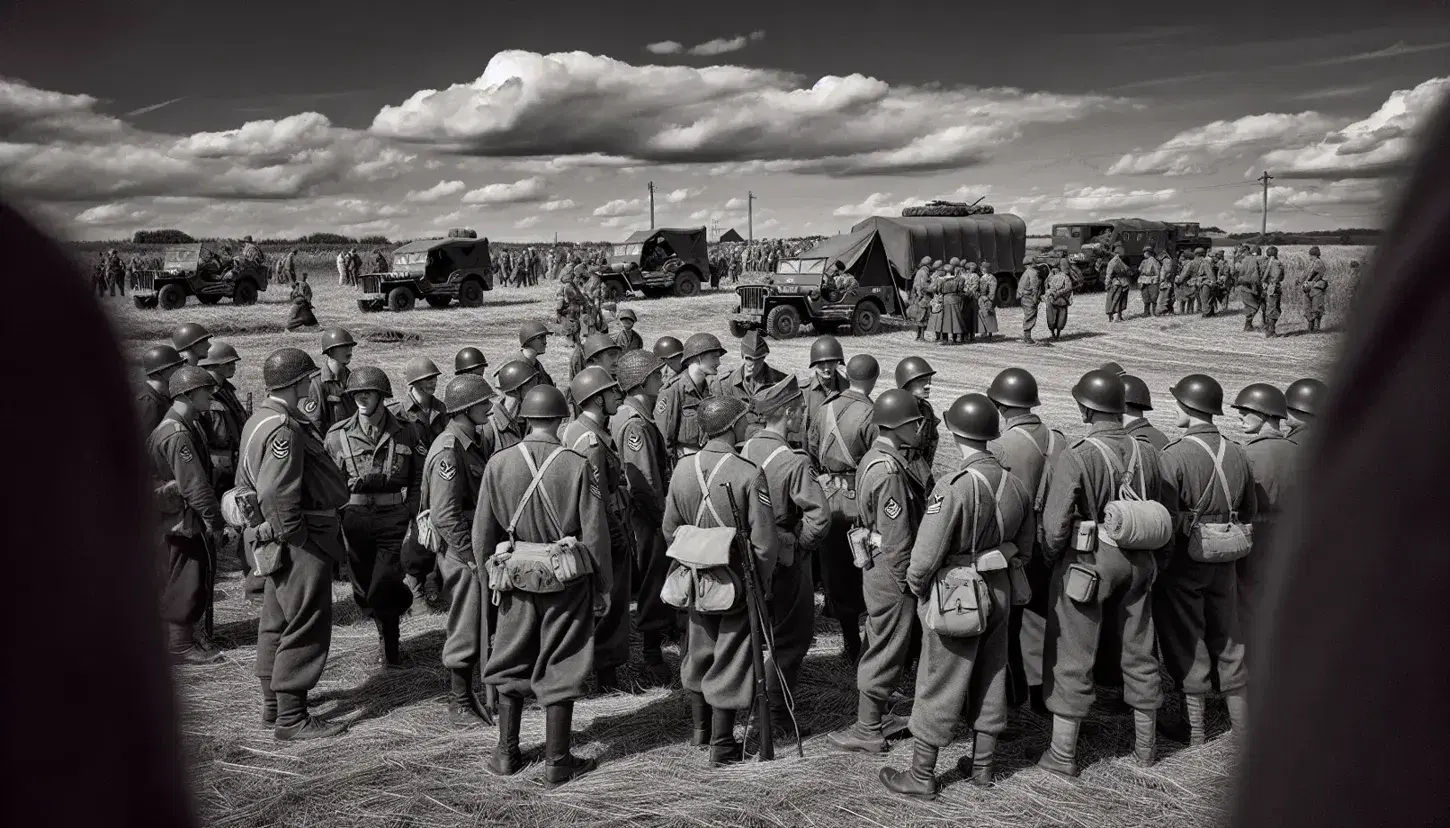 Soldati della Seconda Guerra Mondiale in uniforme conversano in campo aperto con veicoli militari d'epoca sullo sfondo sotto un cielo parzialmente nuvoloso.