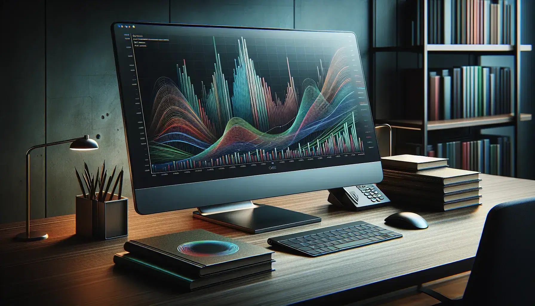 Modern office desk with computer monitor displaying colorful graphs, closed laptop, leather-bound books, and sleek desk phone on polished wooden surface.