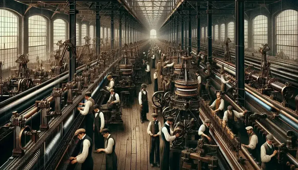 Late 19th-century industrial factory floor with workers operating mechanical looms, belt-driven machines, and natural light streaming through tall windows.