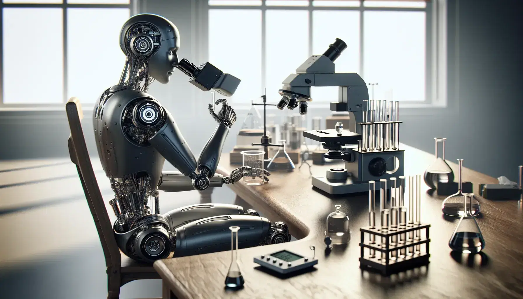 Humanoid robot sitting at wooden desk with scientific equipment, studying test tube, surrounded by microscope, test tubes and digital scale in blurred laboratory.