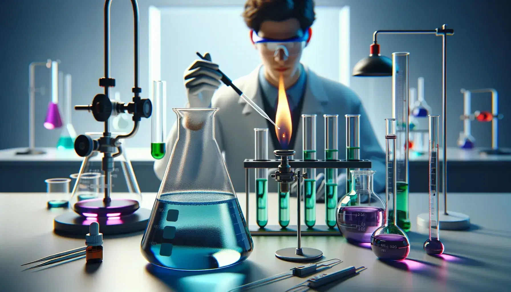 Laboratory with beaker of blue liquid, lit Bunsen burner, graduated cylinder with green liquid and technician adding reagent.