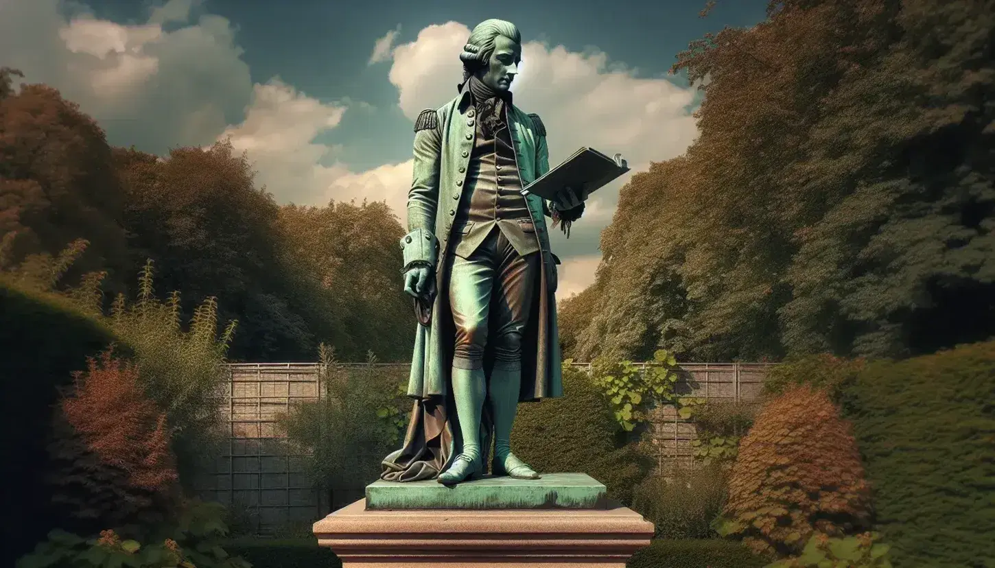 Estatua de bronce de hombre del siglo XVIII con libro, en un parque con árboles y cielo parcialmente nublado de fondo.