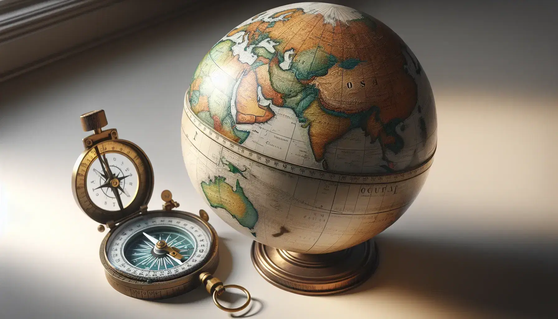 Globo terrestre fisico con rilievi montuosi, colori verdi e marroni per le terre e blu per gli oceani, accanto a un compasso tradizionale e un sestante in ottone sfocato sullo sfondo.