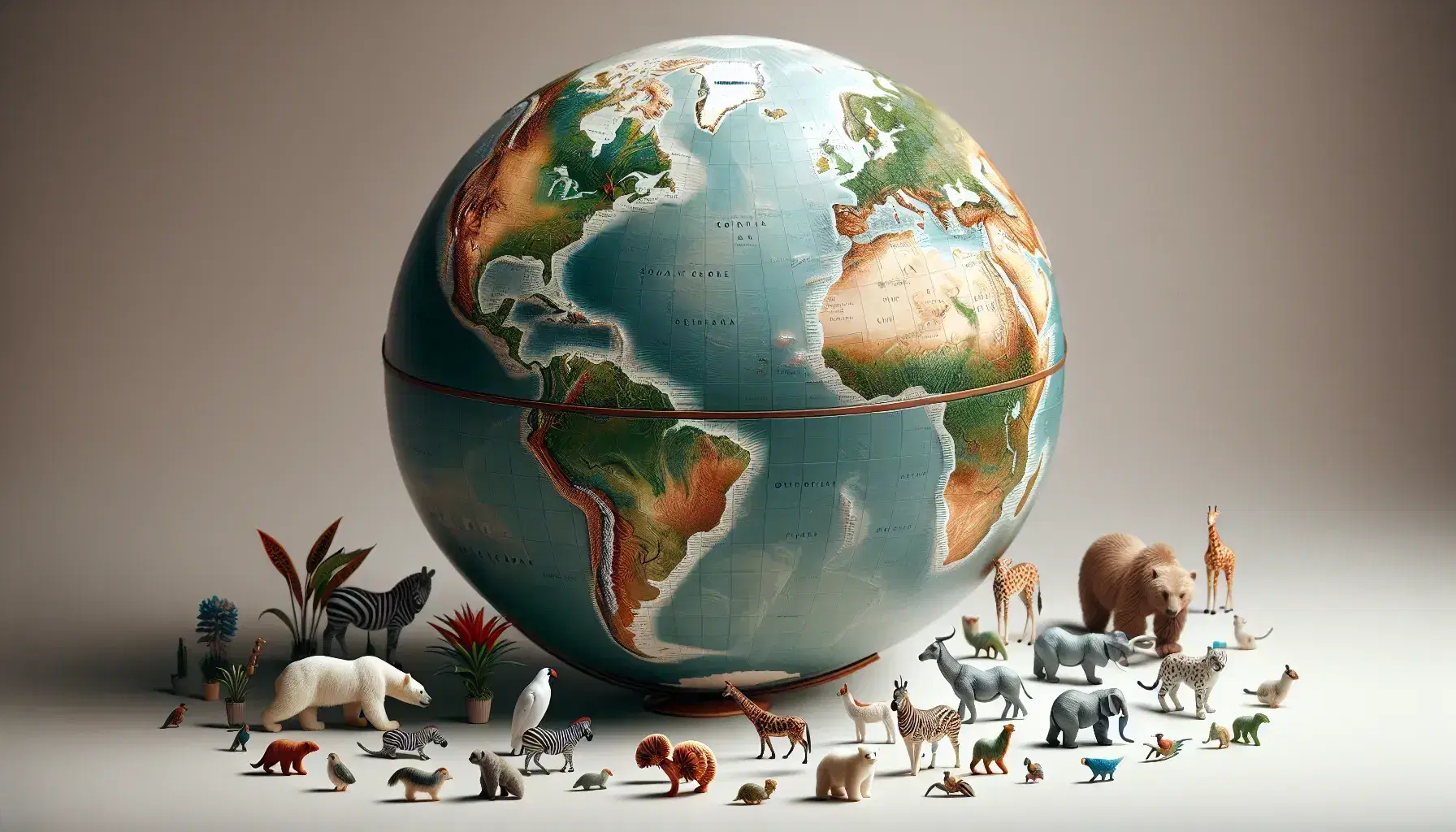 Globo terráqueo con continentes en tonos verdes y marrones y océanos azules, rodeado de figuras de animales y plantas que representan la biodiversidad mundial.
