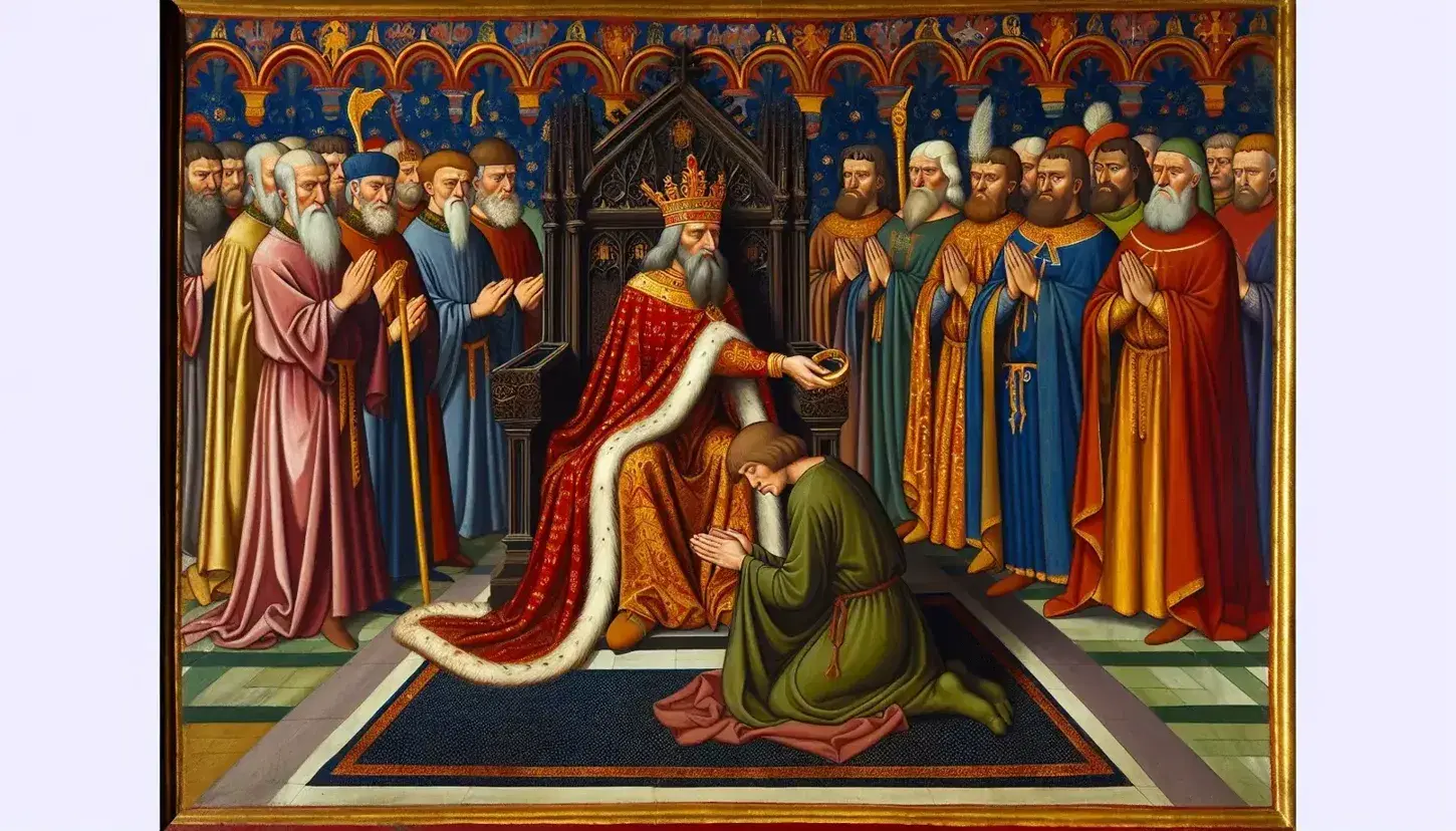Affresco medievale colorato con re in tunica rossa che dona anello a uomo inginocchiato, nobili e vescovo osservano.