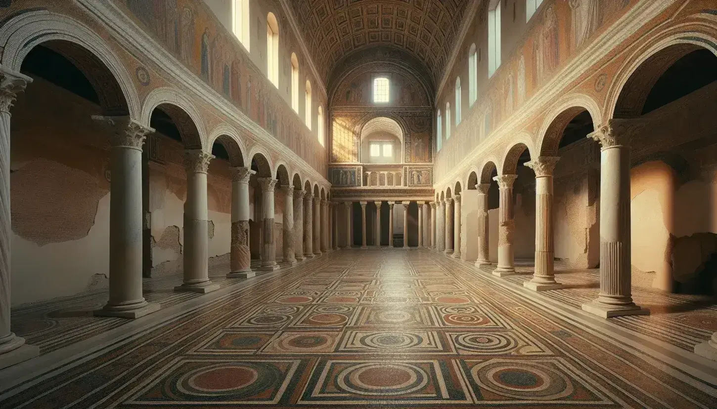 Interno basilica paleocristiana con navata centrale, colonne marmoree, capitelli corinzi, affreschi sbiaditi e mosaico nell'abside.