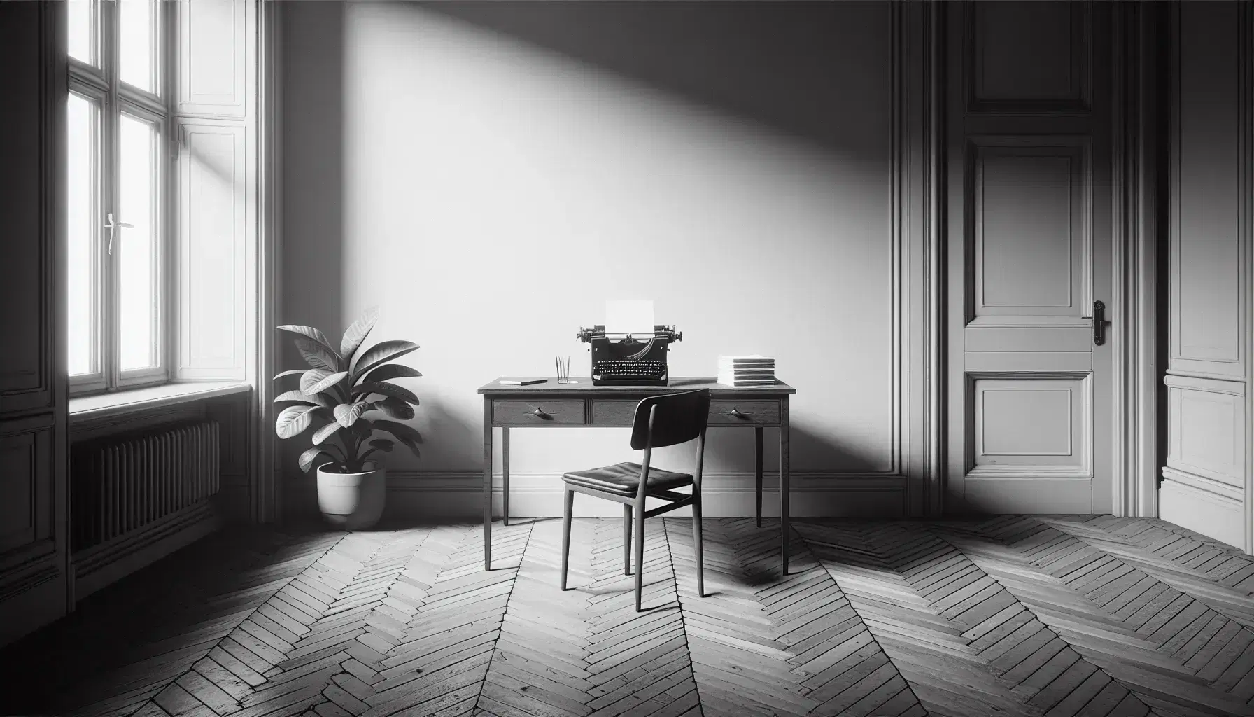 Vintage typewriter on a desk with blank paper, chair slightly pulled out, in a room with herringbone flooring and a potted plant, bathed in natural light.