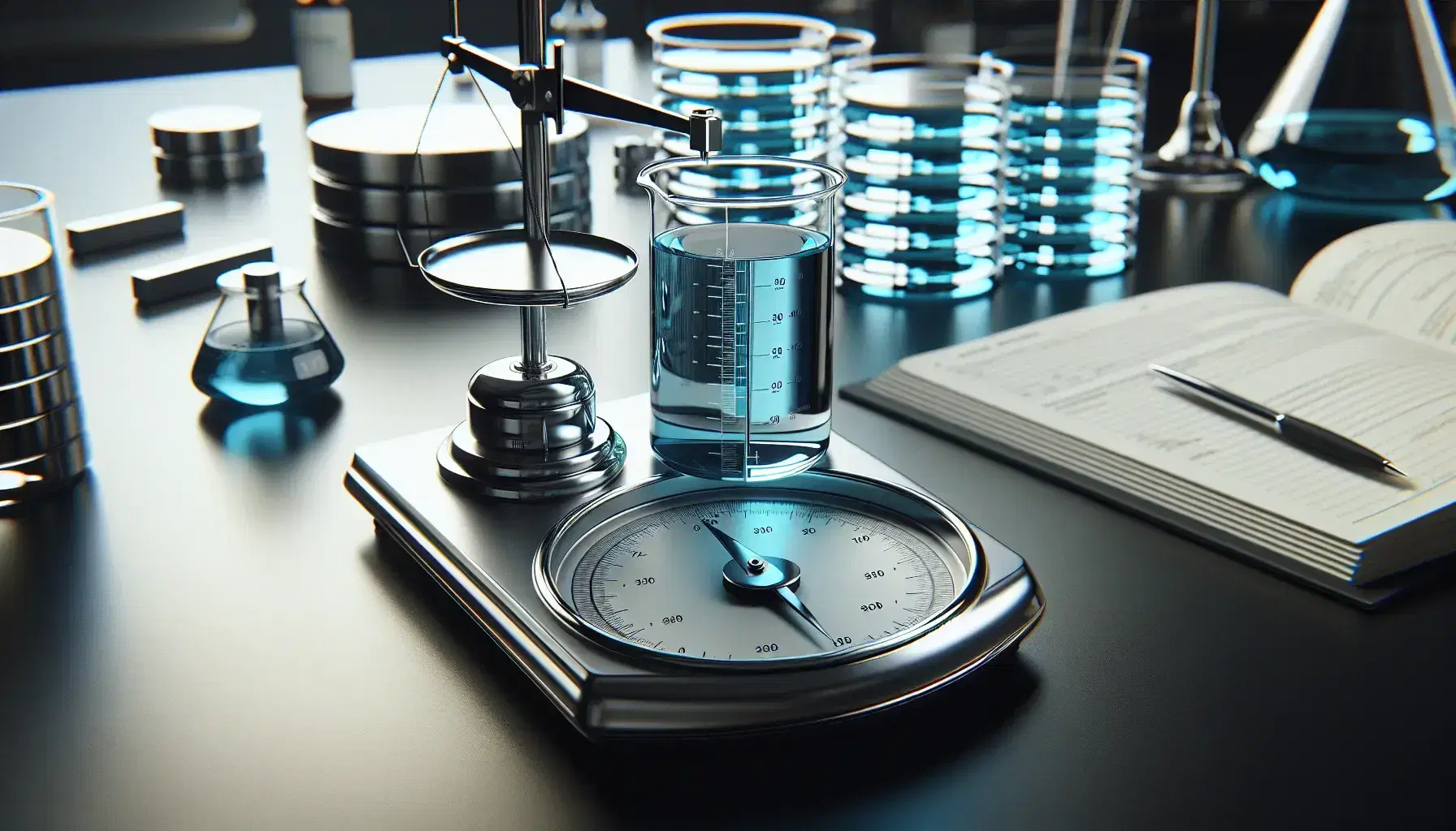 Silver precision balance with calibrated weights, beaker with blue liquid and stacks of Petri dishes on black laboratory counter.