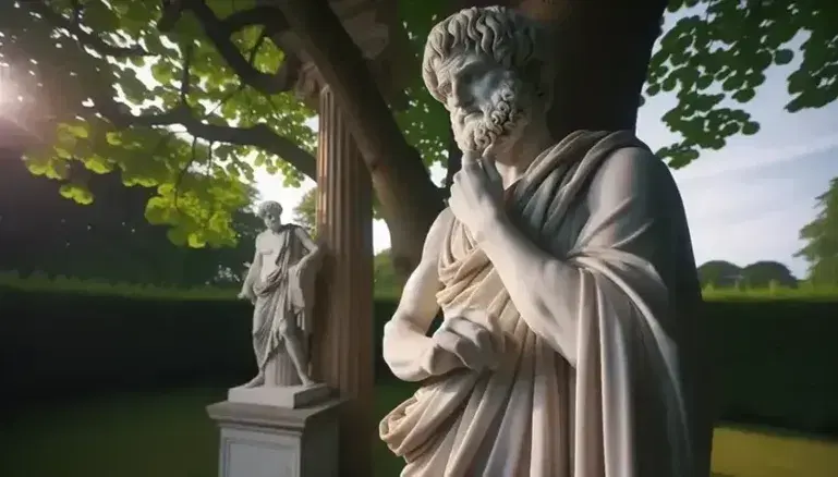 Estatua de mármol blanco de Aristóteles pensativo con túnica, mano derecha al pecho y fondo de árbol verde en un entorno natural sereno.