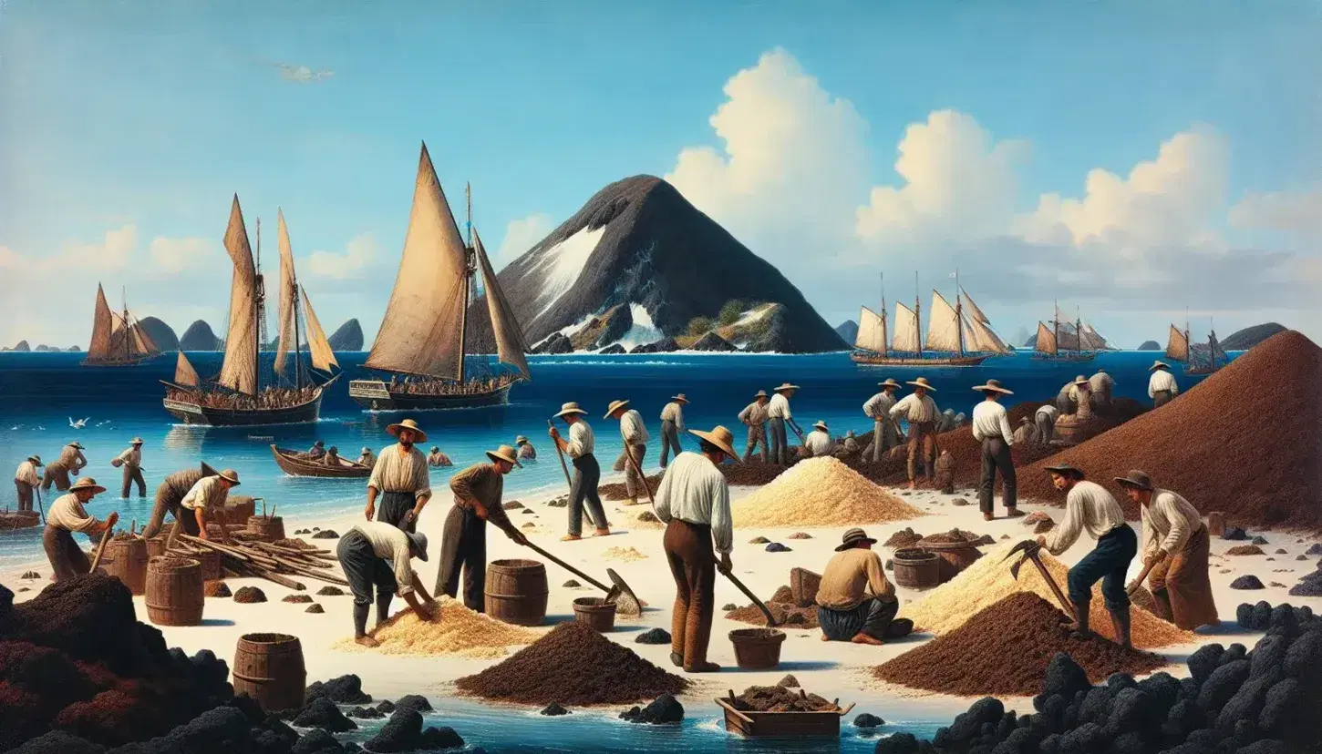 Trabajadores del siglo XIX recolectando guano en una isla costera, con herramientas manuales, frente a un mar calmo y veleros anclados.