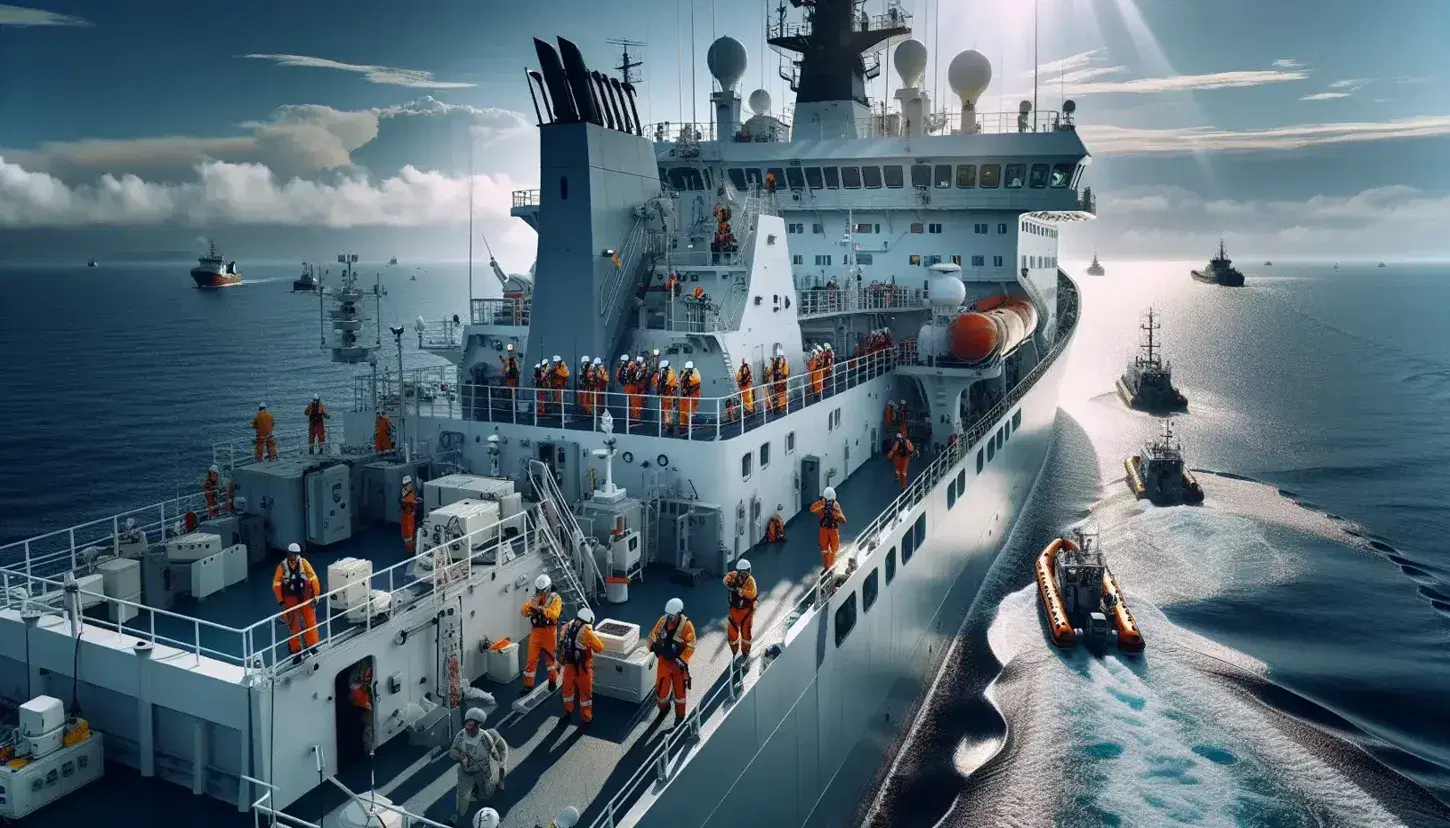 Barco grande navegando en aguas azules con personas en chalecos salvavidas y cascos revisando equipos de seguridad, bote de rescate naranja en la popa y costa lejana en el fondo.