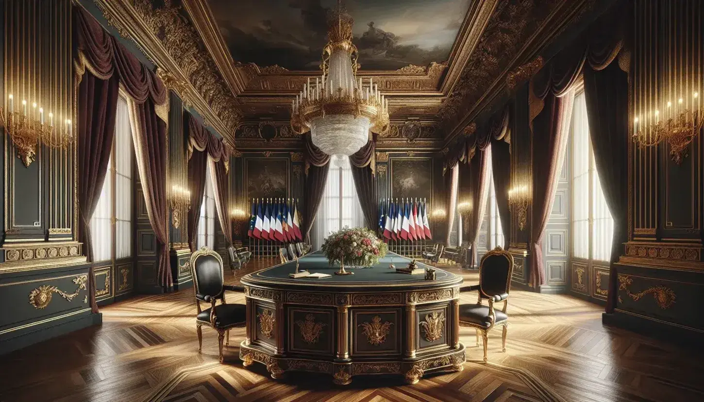 Sala presidenziale con scrivania ovale, poltrona in pelle blu, bandiere nazionali, tende rosse e lampadario di cristallo.