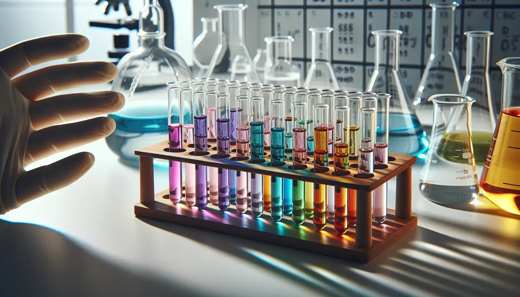 Laboratory with test tubes containing colored solutions of transition metal complexes in wooden rack, gloved hands pipetting.