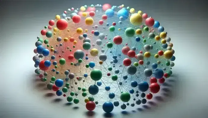 Esferas de colores brillantes interconectadas por líneas transparentes en una red compleja sobre fondo neutro, sin textos ni sombras.