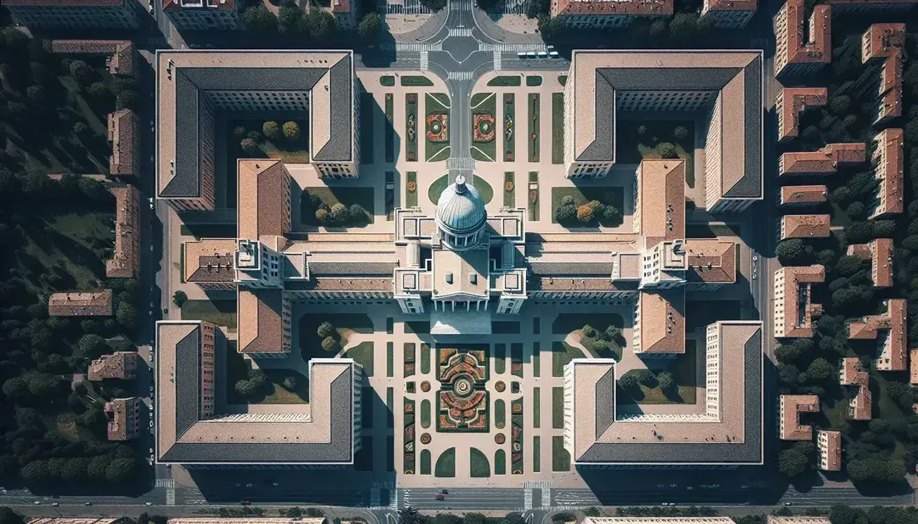 Veduta aerea di complesso governativo italiano con edificio centrale a cupola grigia, circondato da giardini e strade simmetriche.