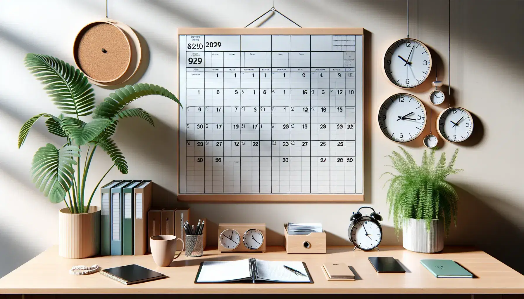 Escritorio de oficina con calendario en blanco, relojes analógicos, carpetas de colores, planta en maceta y teléfono, ambiente de trabajo organizado.