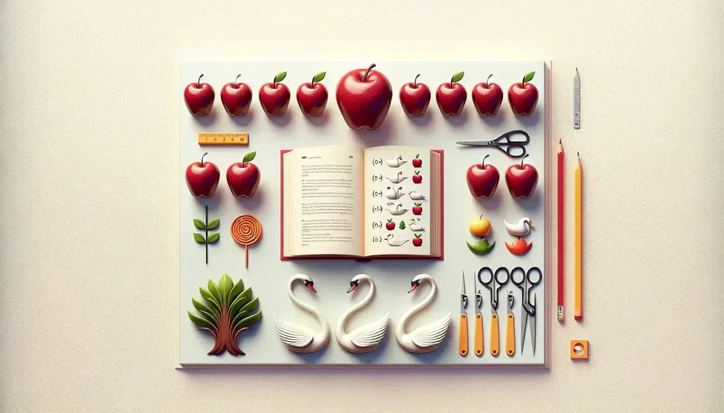 Five red apples, three white swans with spread wings, a pair of interlocked orange scissors, a line of seven green leaves, and a large open book on a light background.