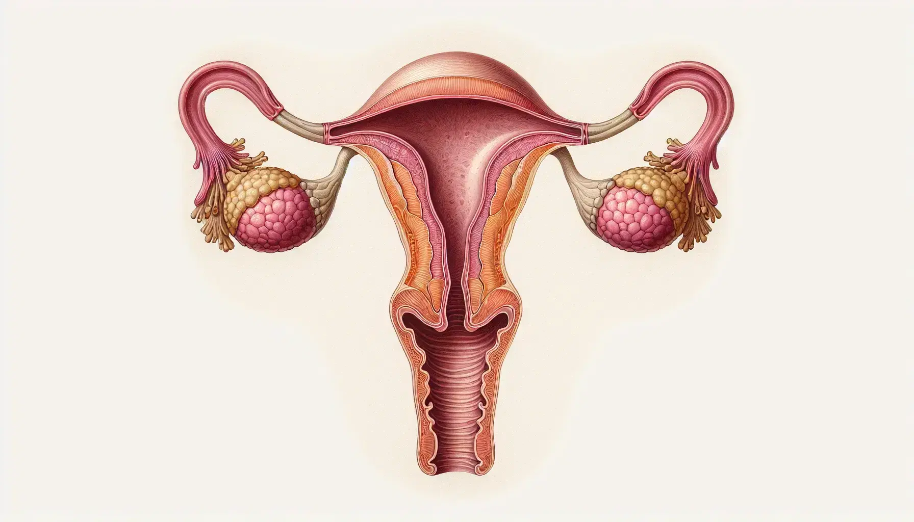 Ilustración detallada del sistema reproductor femenino con útero, trompas de Falopio, fimbrias, ovarios y vejiga en tonos suaves de rosa y amarillo.